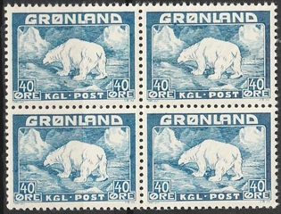 FRIMÆRKER GRØNLAND | 1946 - AFA 27 - Isbjørn - 40 øre blå i 4-blok - Postfrisk